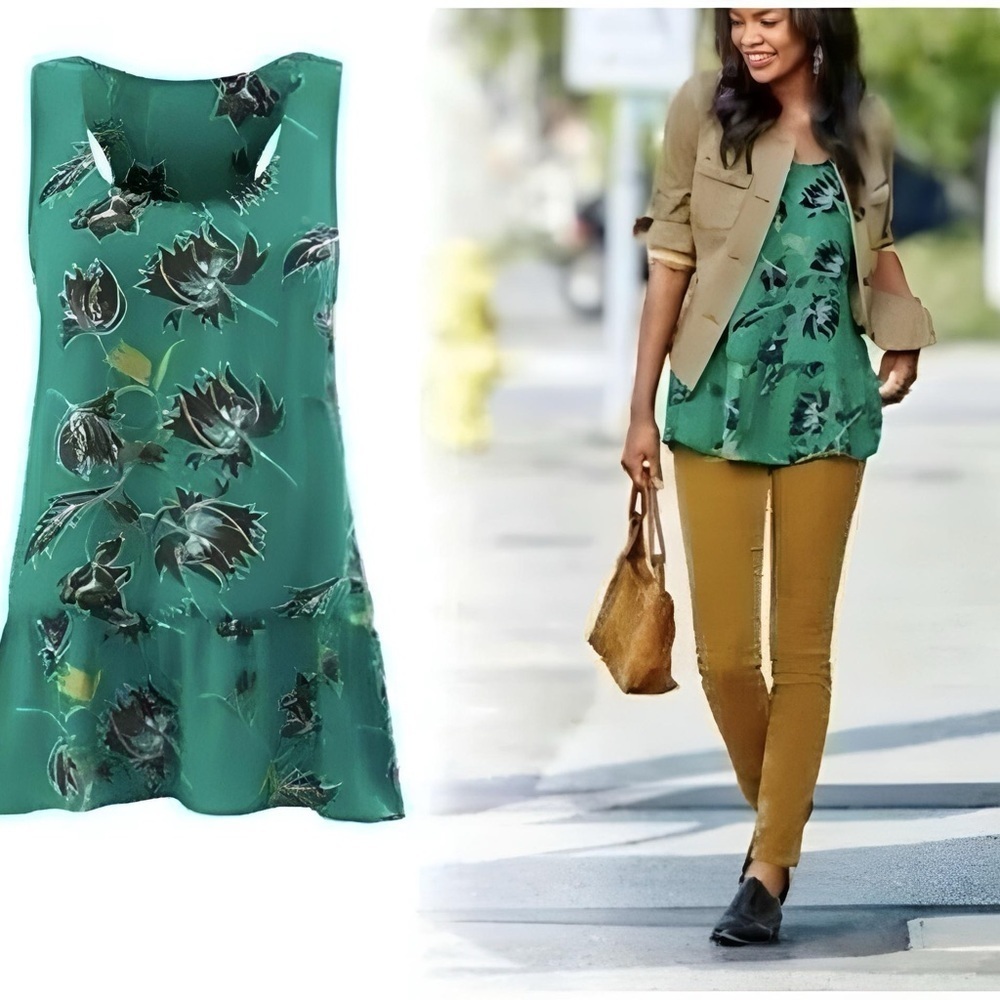 CAbi Zoe Falling Flowers Green, Black, Blue Sleeveless Top Style 3276 Size M